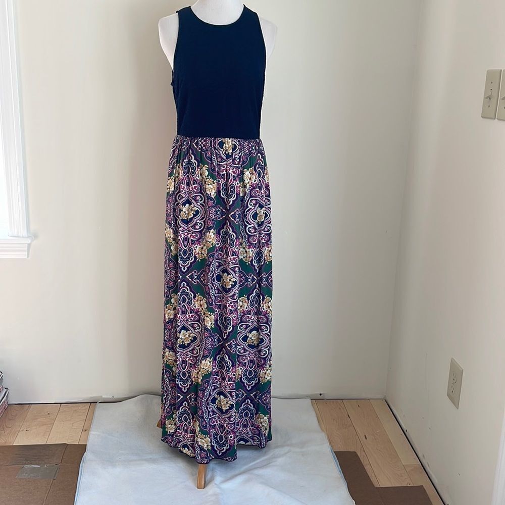 Multicolored maxi dress blue textured top part with slip underneath